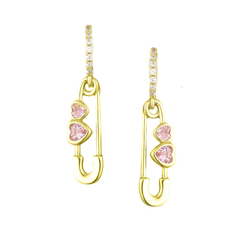 Origsoul gold heart shaped safety pin earrings with pink heart stones and crystal hoops