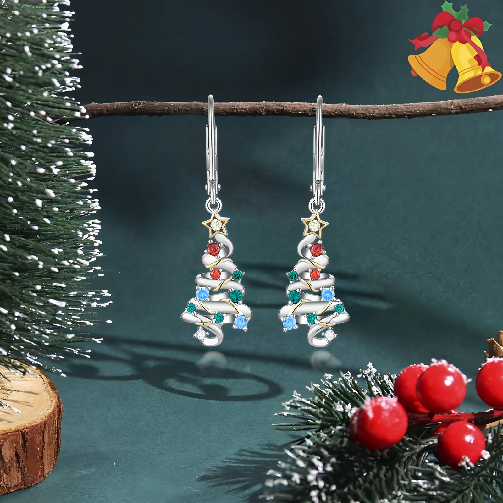 Origsoul holiday dangle earrings for women shaped like decorated Christmas trees with star tops