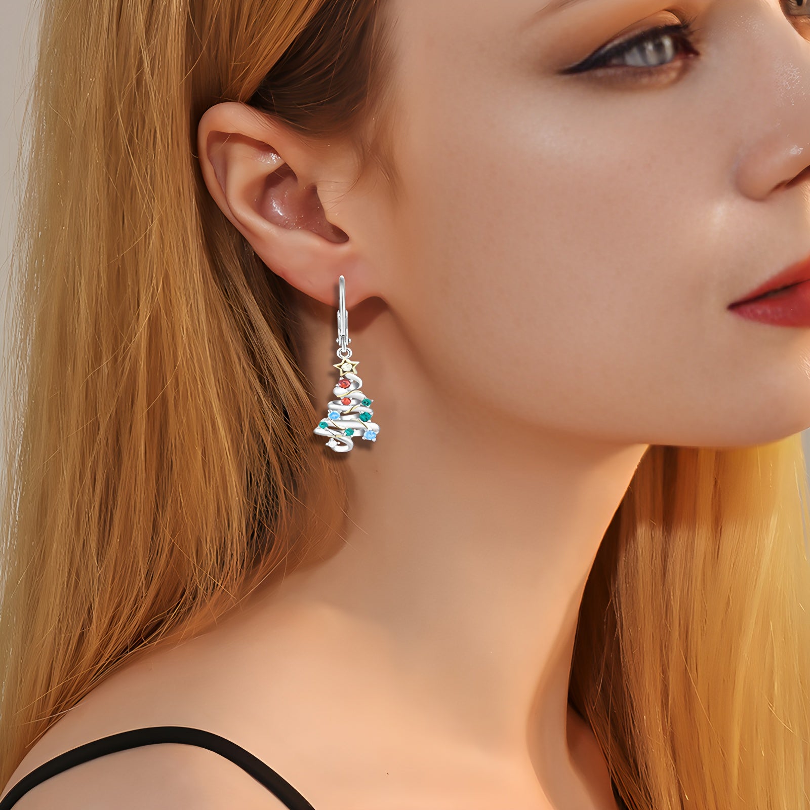 Origsoul holiday dangle earrings for women featuring silver Christmas tree design with colorful accents