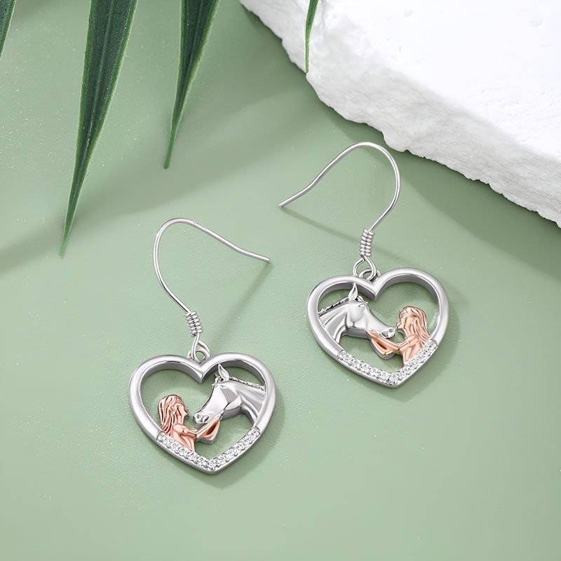 Origsoul horse girl zircon pendant earrings in heart shape with silver and rose gold details