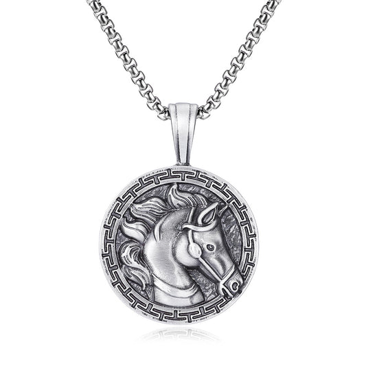 Origsoul silver horse pendant necklace with detailed horse head design and decorative border
