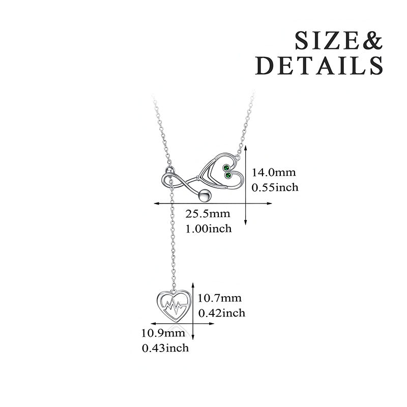 Origsoul infinity heart stethoscope necklace with size details showing pendant dimensions in inches and millimeters