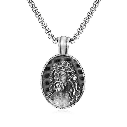 Origsoul Tranquil Spirit Collection Jesus pendant necklace with detailed Jesus face on oval silver pendant