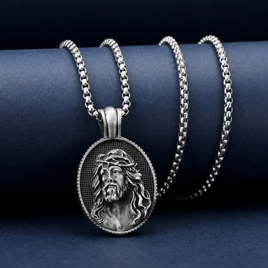 Origsoul Tranquil Spirit Collection Jesus pendant necklace with detailed carved silver-tone chain