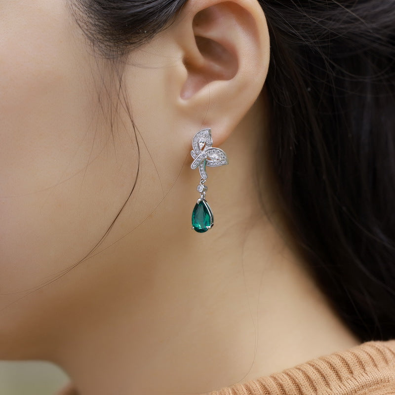 Origsoul elegant green lab-grown emerald rings inspired drop earrings with silver butterfly design