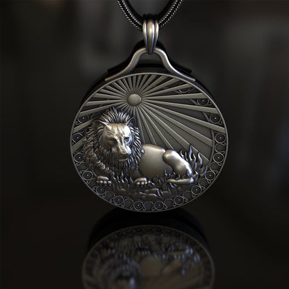 Origsoul detailed metal leo zodiac necklace pendant featuring a lion design with sun rays background