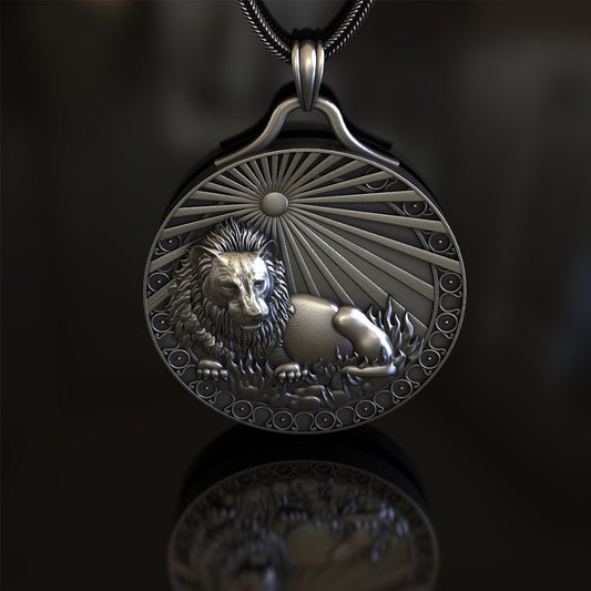 Origsoul detailed metal leo zodiac necklace pendant featuring a lion design with sun rays background
