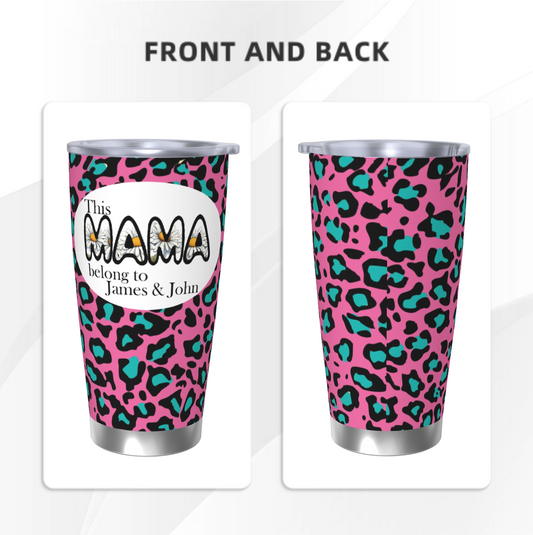 Origsoul customized leopard print travel cup with pink and teal spots and personalized text for mama