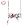 Origsoul sterling silver leopard clavicle necklace for women with red enamel spotted sleeping leopard pendant