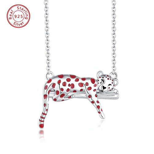 Origsoul sterling silver leopard clavicle necklace for women with red enamel spotted sleeping leopard pendant