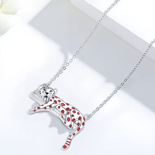 Origsoul silver leopard clavicle necklace for women featuring red spotted reclining leopard pendant on chain