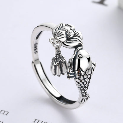 Origsoul sterling silver lotus fish ring with detailed fish and lotus flower design