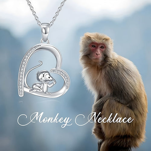 Origsoul 925 sterling silver monkey pendant heart shaped necklace with delicate chain and pave accents