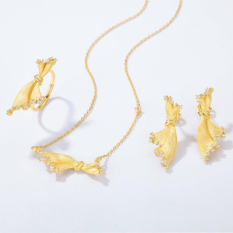 Origsoul gold-tone silver necklace sterling with bow design and matching earrings set