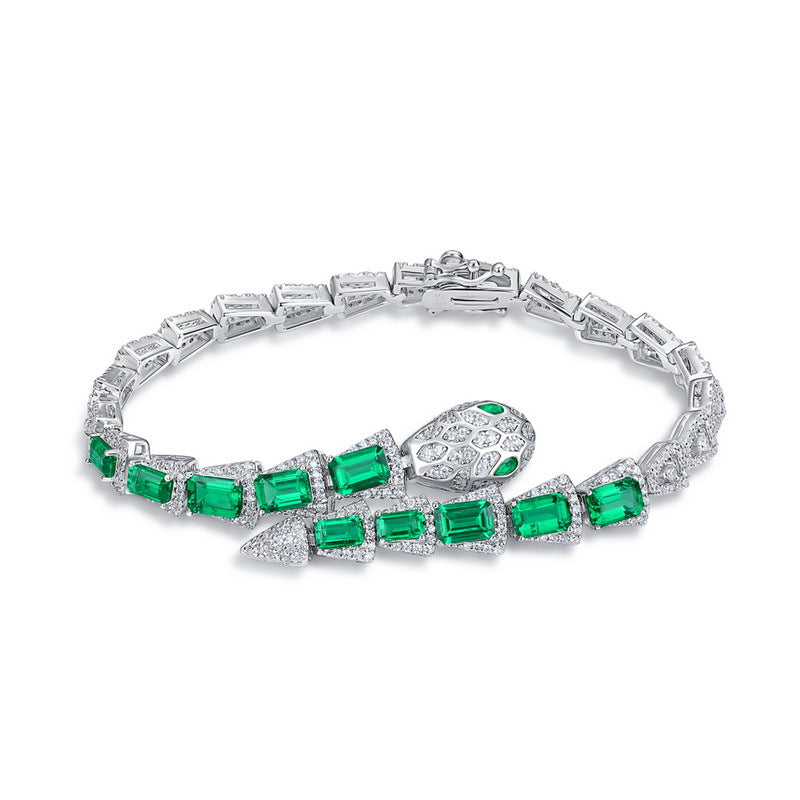 Origsoul bracelet sterling silver with green emerald-cut stones and diamond accents in a snake design