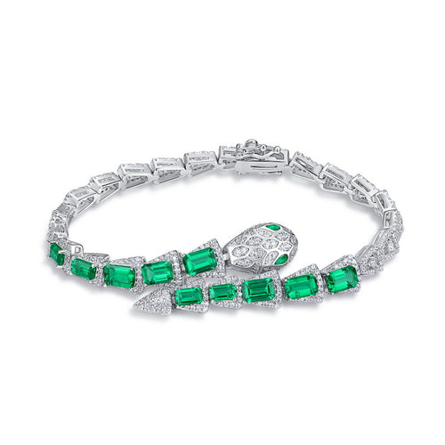 Origsoul bracelet sterling silver with green emerald-cut stones and diamond accents in a snake design