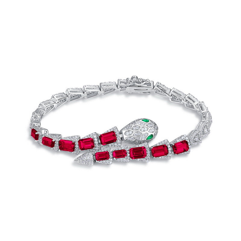 Origsoul bracelet sterling silver snake design with red gemstones and green eyes
