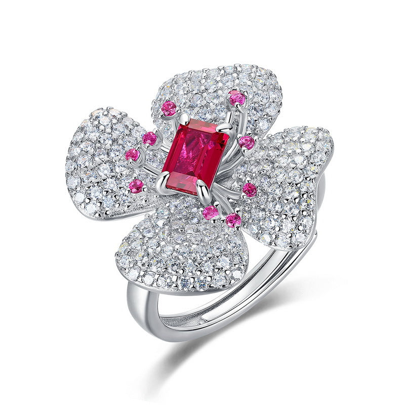 Origsoul floral ring with pink emerald cut-engagement ring style center stone and diamond petals
