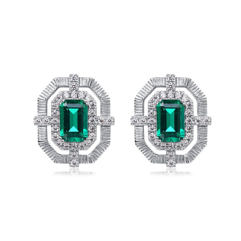 Origsoul hypoallergenic stud earrings with emerald-cut green stones and diamond accents