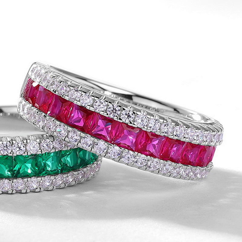 Origsoul ring sterling silver with pink and green square gemstones surrounded by clear crystals