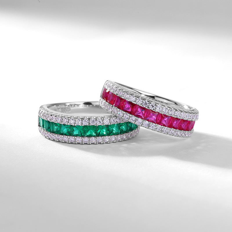 Origsoul ring sterling silver with green and pink square gemstones and surrounding clear crystals