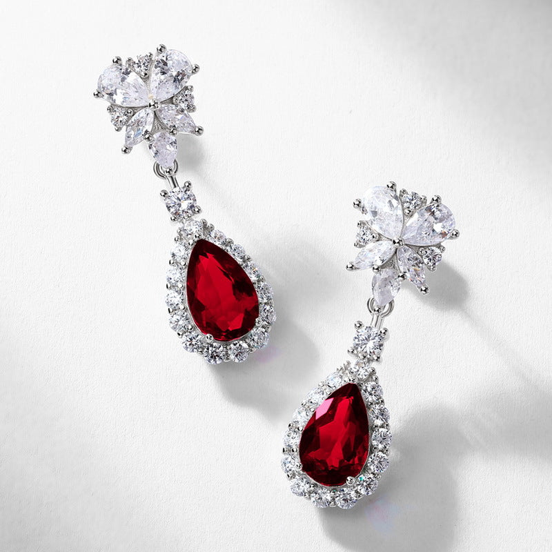 Origsoul sterling silver earrings with red teardrop gemstones and clear crystals floral design