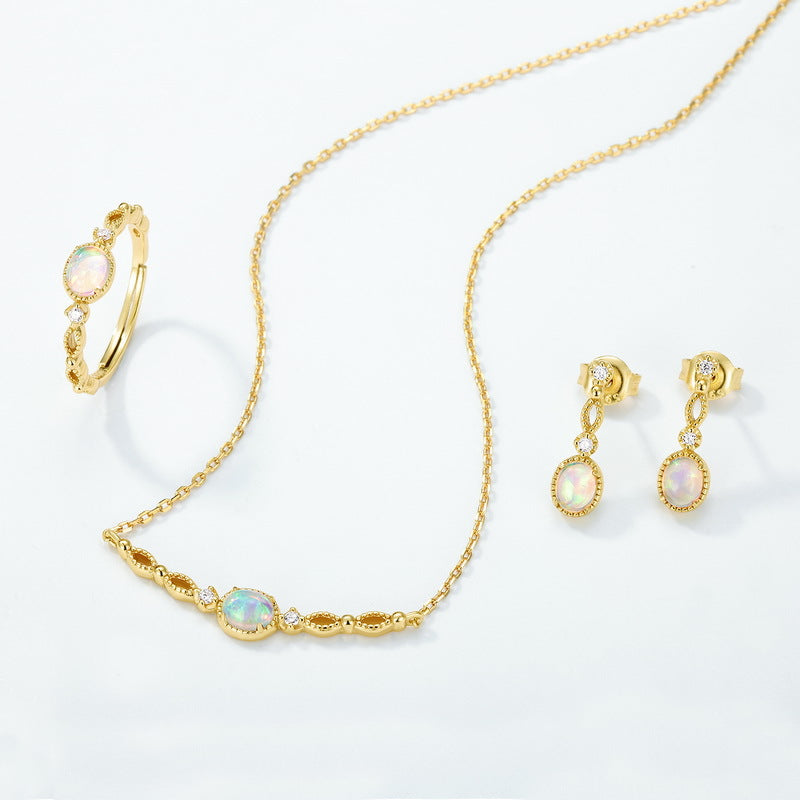 Origsoul gold jewelry set with opal stones including necklace, ring, and earrings, no sterling silver hoop earrings