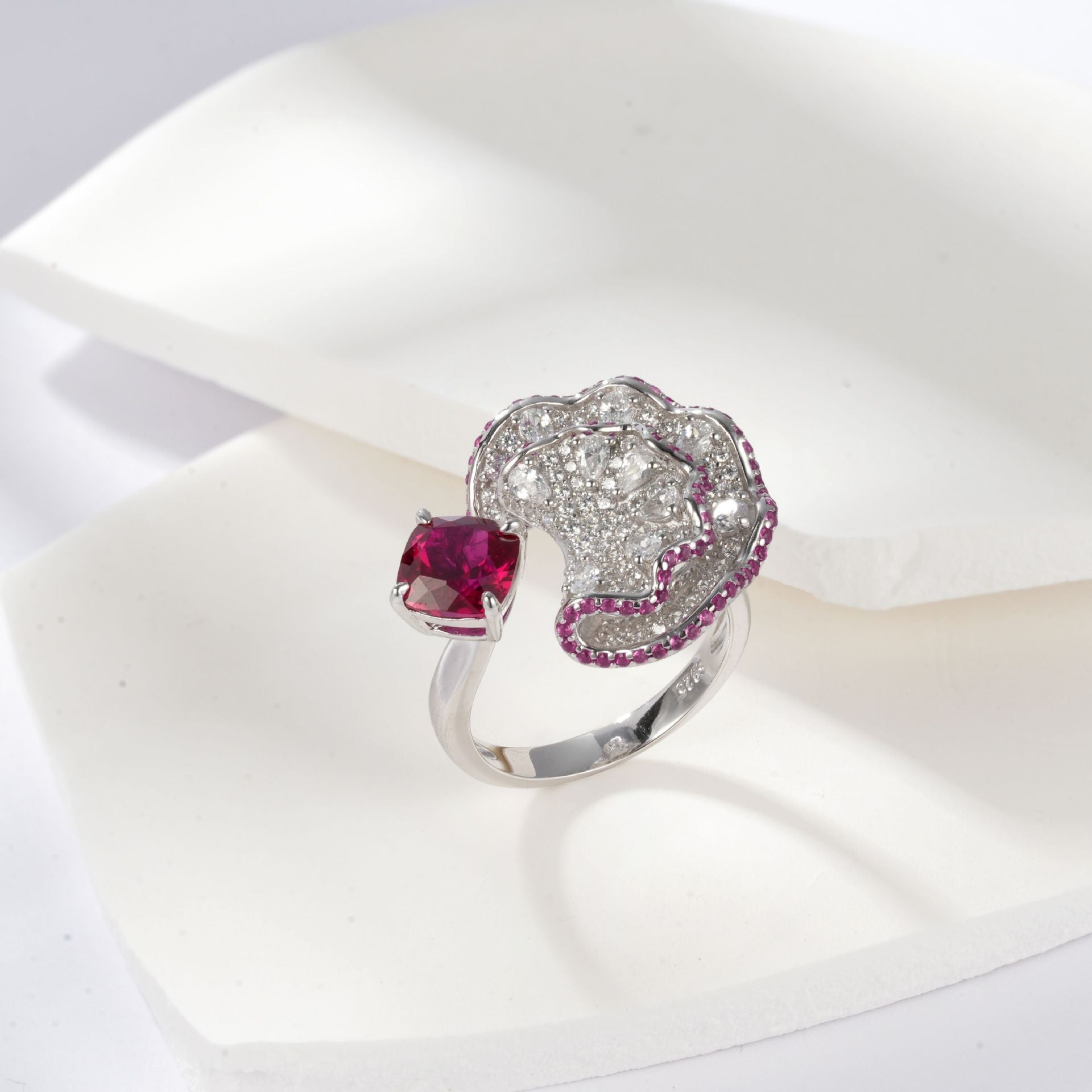 Origsoul sterling silver ring jewellery with red gemstone and intricate crystal detailing