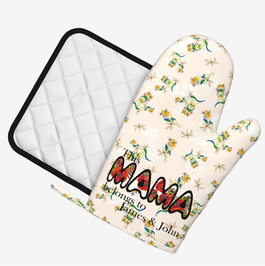 Origsoul customized oven mitts and pot holders set with floral design and personalized text for mama