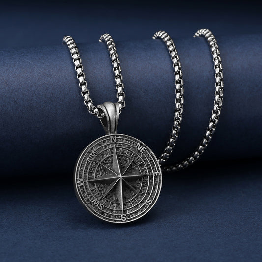 Origsoul men's compass pendant necklace in silver with detailed compass design and box chain