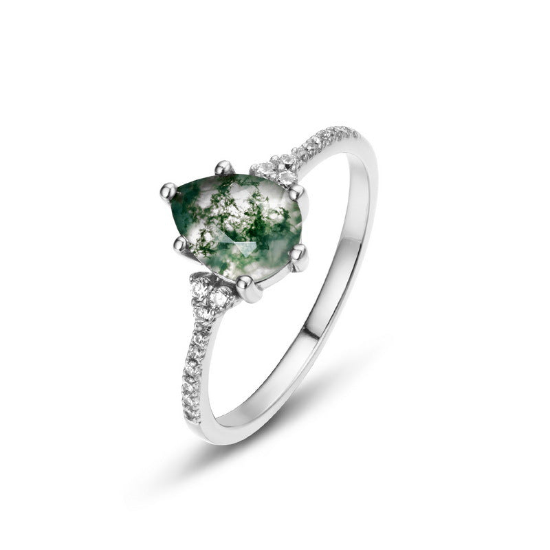 Origsoul elegant moss agate ring with teardrop stone and silver band accented with small clear crystals