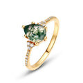 Origsoul gold band moss agate ring with teardrop stone and small clear accent stones