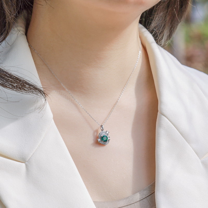 Origsoul necklace silver sterling with green gemstone pendant worn on woman's neck