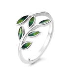 Origsoul silver olive leaf ring with green enamel accents and elegant open design