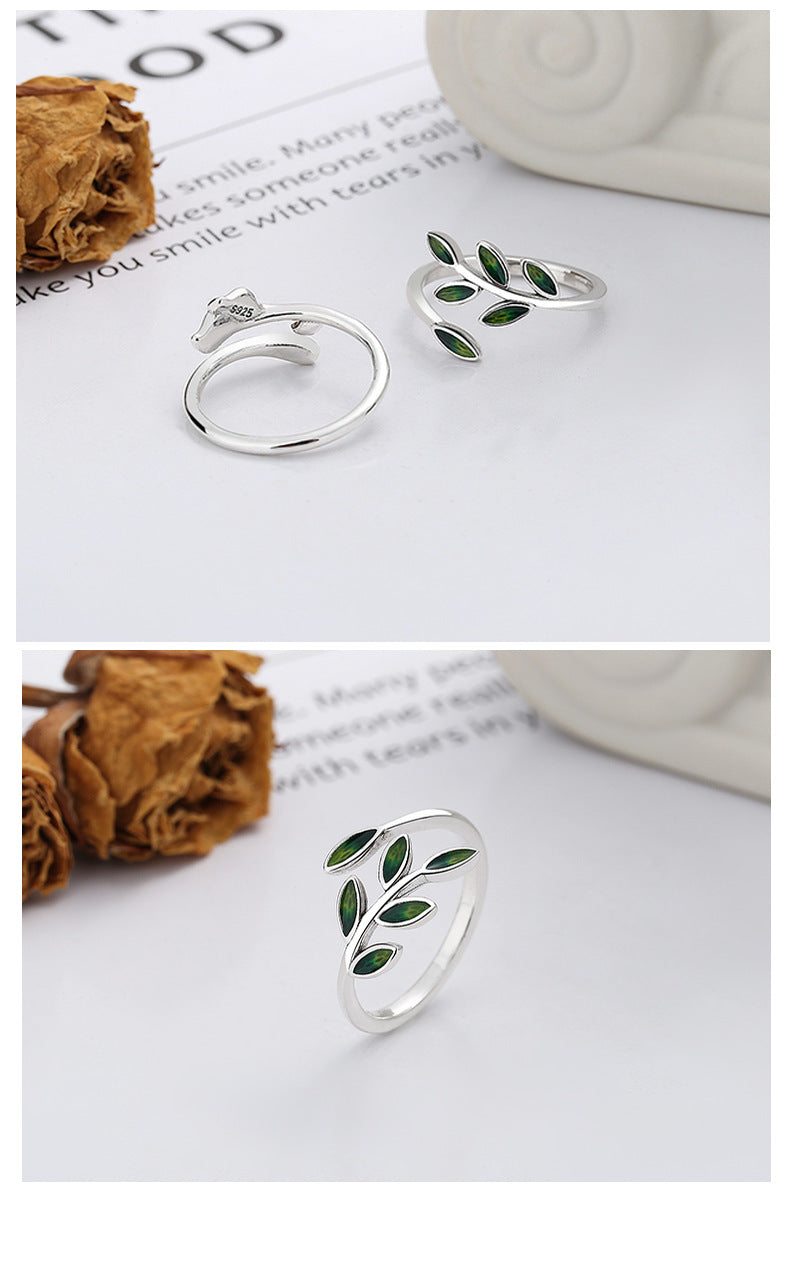 Origsoul silver olive leaf ring with green enamel detailing on leaves in two views