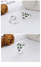 Origsoul silver olive leaf ring with green enamel detailing on leaves in two views