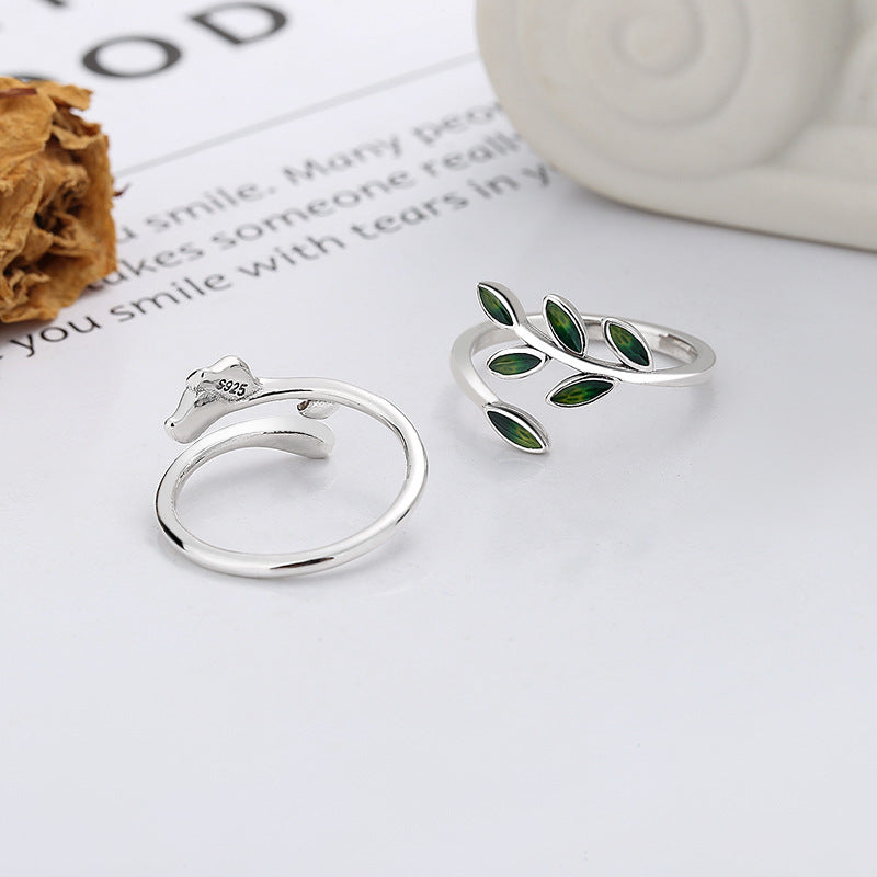 Origsoul silver olive leaf ring with green enamel leaves on an adjustable band