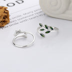 Origsoul silver olive leaf ring with green enamel leaves on an adjustable band