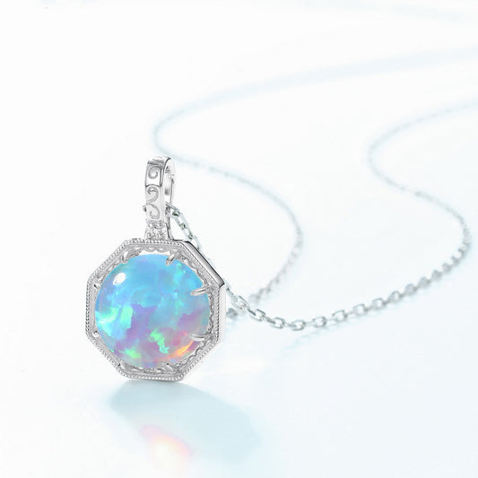 Origsoul opal pattern silver jewelry necklace with octagonal pendant and colorful opal stone