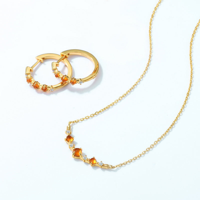 Origsoul orange crystal dainty necklace with matching gold and orange crystal hoop earrings