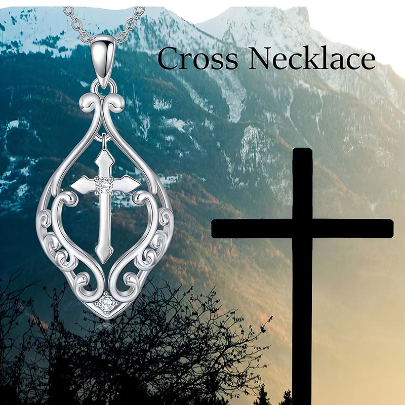 Origsoul ornate heart cross necklace in silver with intricate scrollwork pendant design