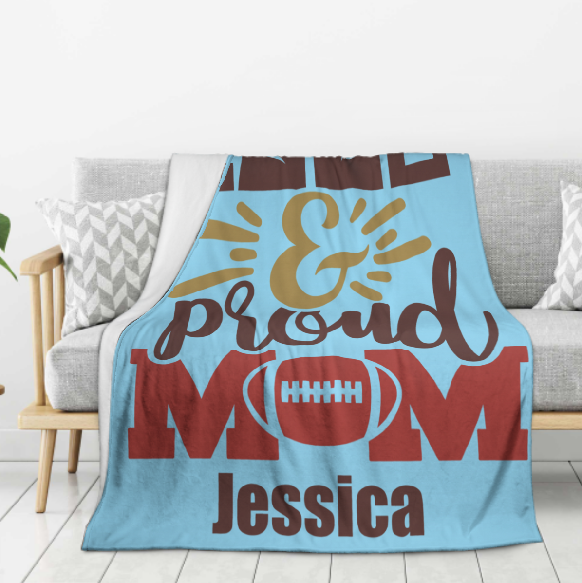 Origsoul personalized 280g cozy throw blanket with blue design and proud mom football text