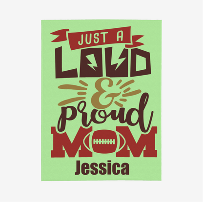 Origsoul personalized 280g cozy throw blanket in green with Just a Loud Proud Mom design and customized name Jessica