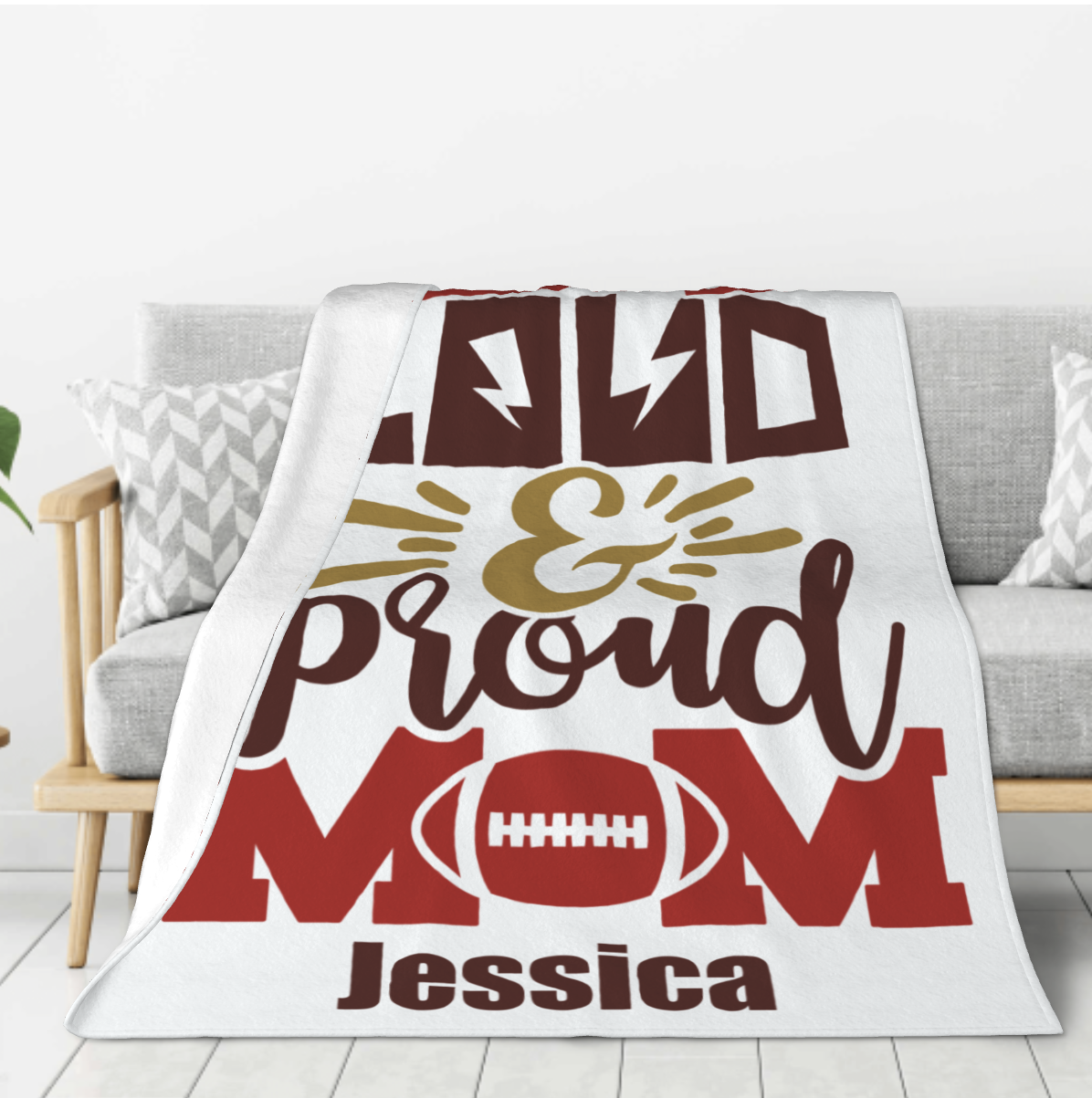Origsoul personalized 280g cozy throw blanket with Loud Proud Mom text and football design