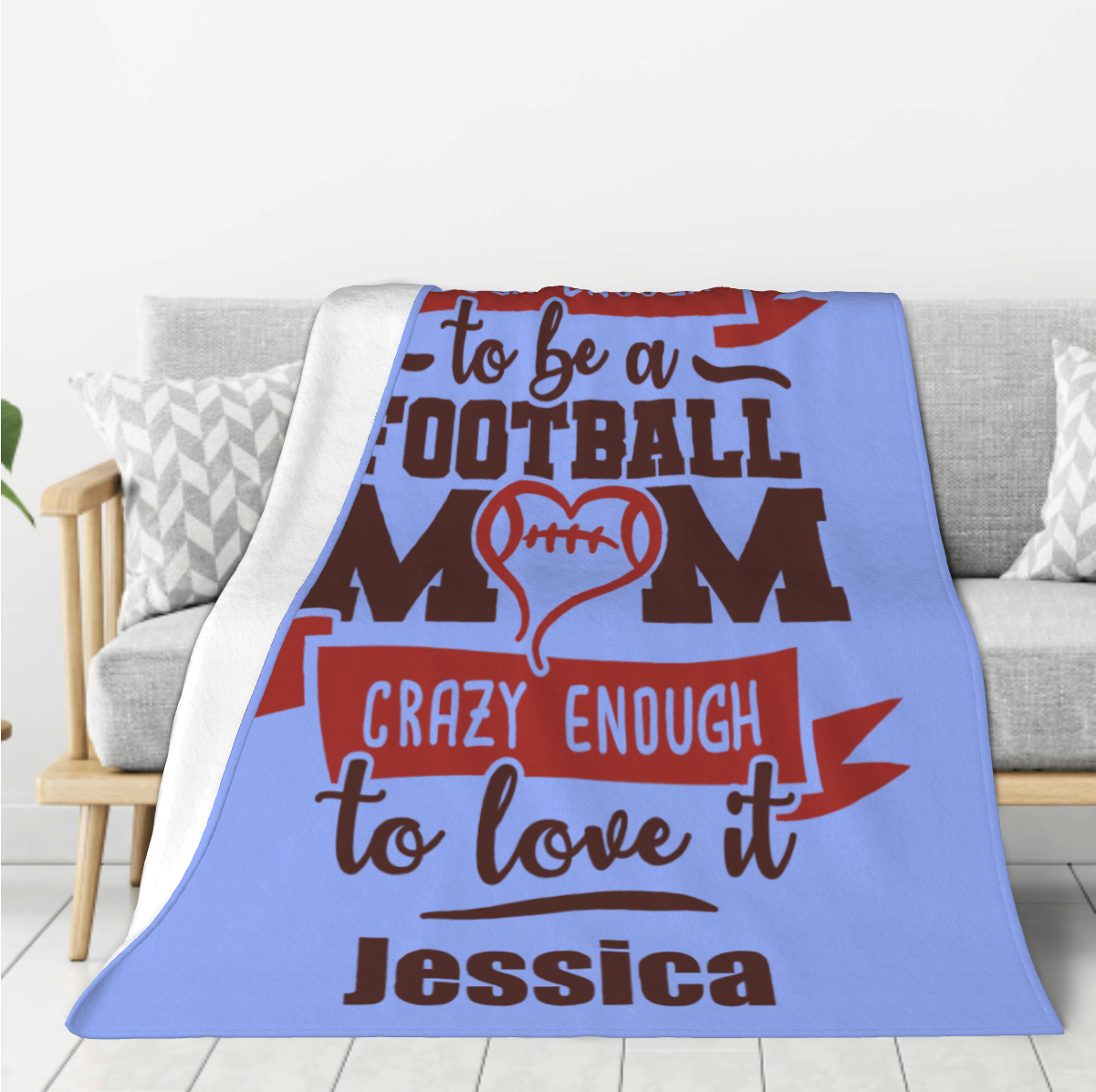 Origsoul personalized 320g flannel throw blanket in blue with football mom design and name Jessica
