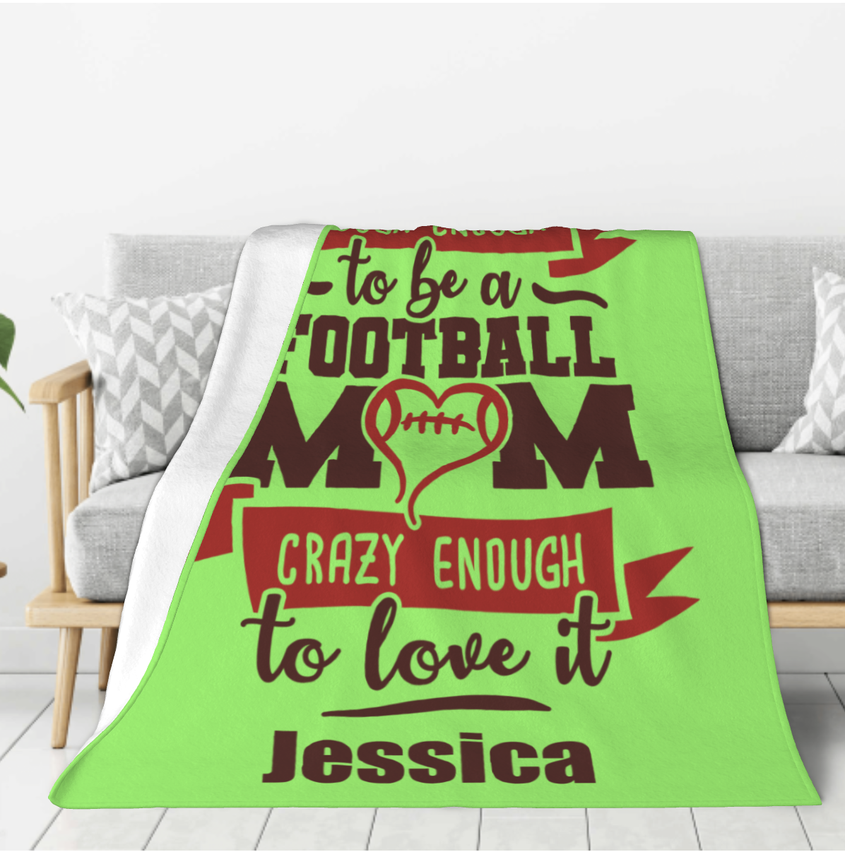 Origsoul personalized 320g flannel throw blanket in green with football mom design and custom name Jessica