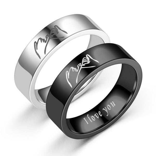 Origsoul personalized couples ring set with silver and black bands featuring engraved pinky promise design
