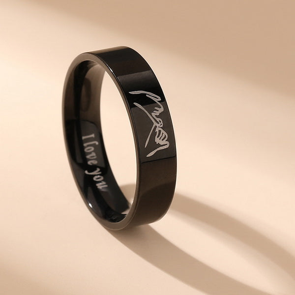 Origsoul black personalized couples ring set with custom engraved message and signature design
