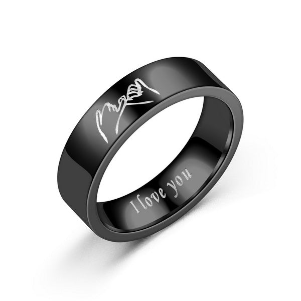 Origsoul personalized couples ring set in black with engraved pinky promise hands and I love you inscription