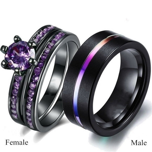 Origsoul premium diamond couple jewelry set featuring a purple gemstone female ring and a black band male ring